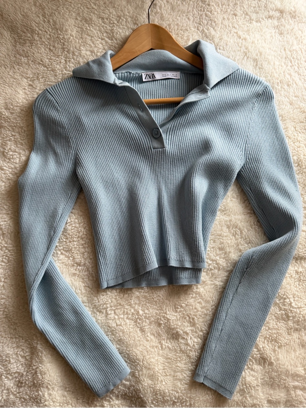 ZARA Pale Blue Ribbed Long-Sleeve Polo Top